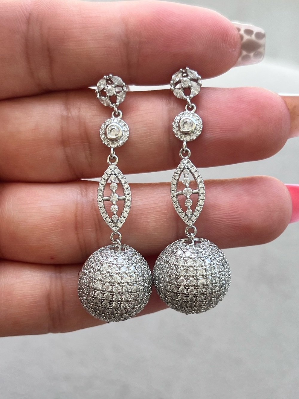 Elegant Silver Tone Pavé Drop Earrings with Crystal Spheres